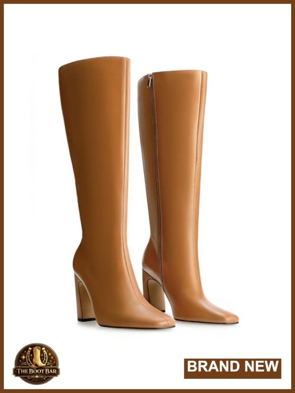 Faux Leather Knee High Boots Chunky Block Heel Square Toe Side Zip Tall Dress